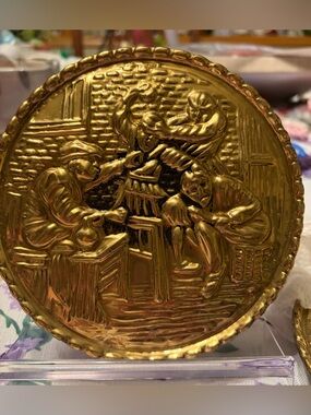 Gold Brass Embossed Tavern Scene Wall Pocket Made in England